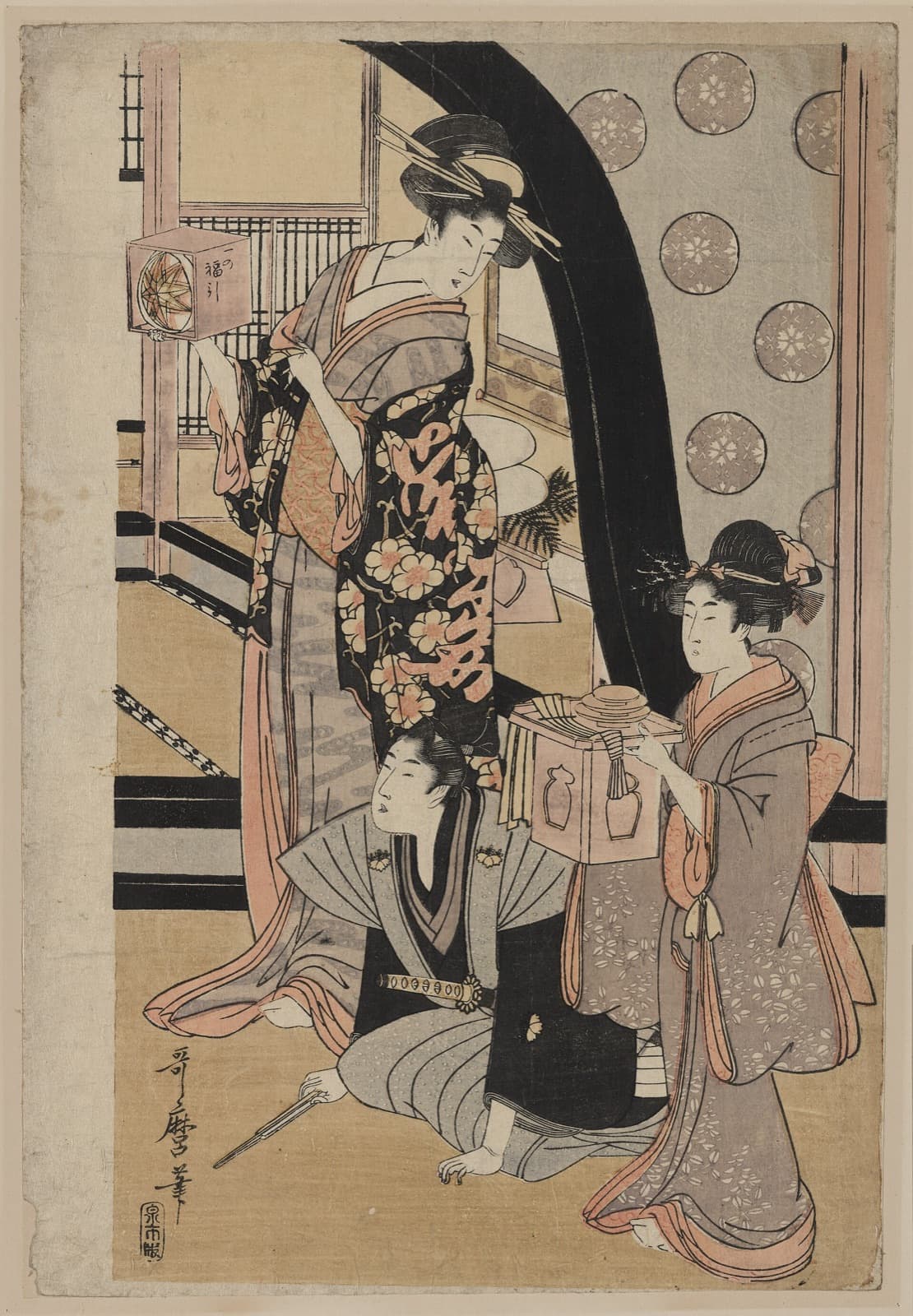 福引の箱を手にした女性たちを描いた喜多川歌麿の木版画
