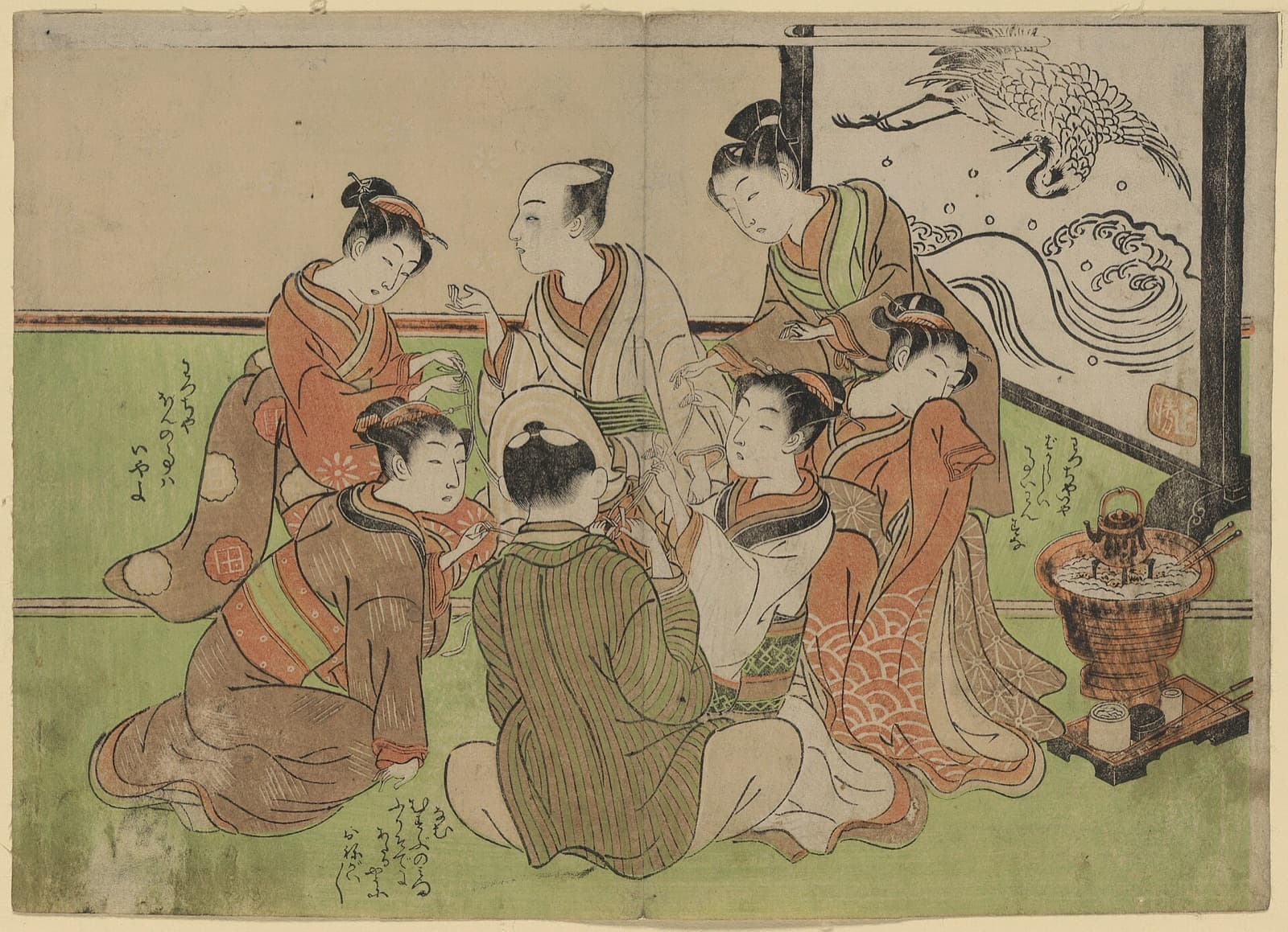 着物姿の人々が輪になってくじを引く江戸時代の木版画